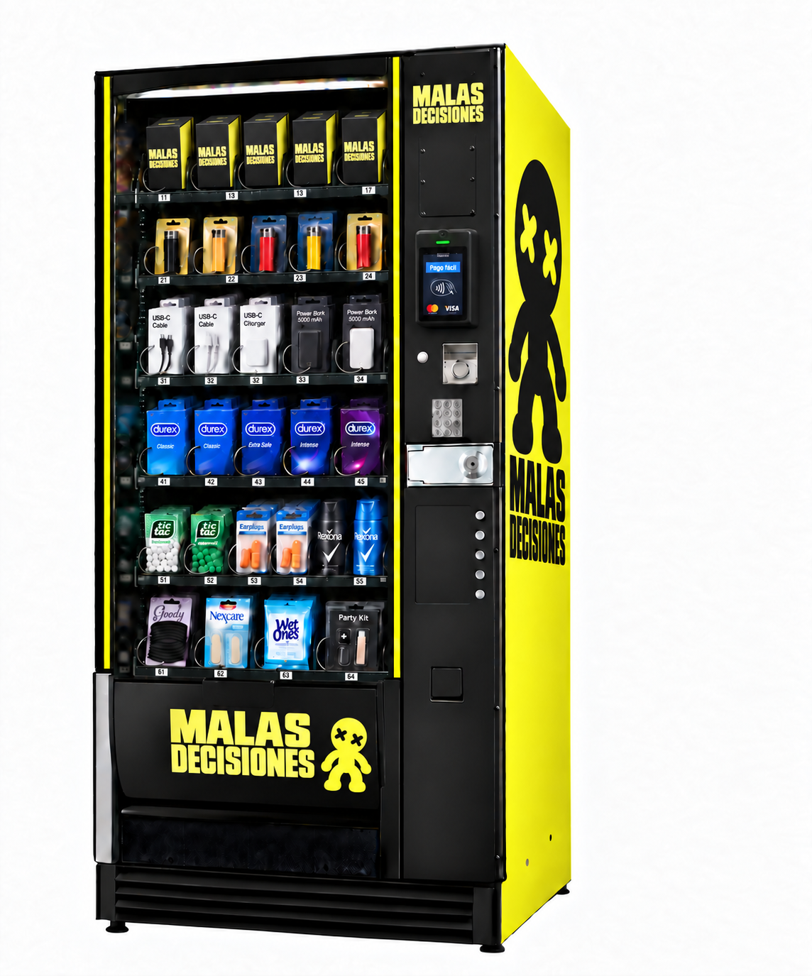 Máquina Malas Decisiones con el muñeco de ojos en cruz en el frontal negro y el lateral amarillo, datáfono y esenciales de fiesta